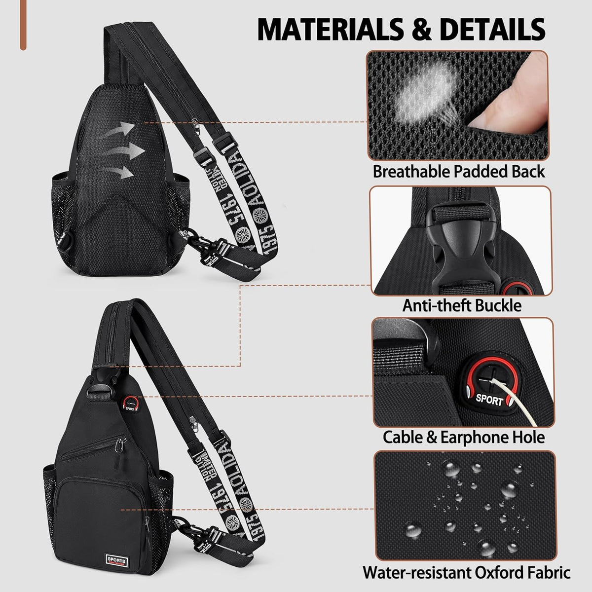 Convertible Sling Bag for Women Men, Lightweight Crossbody Backpack Daypack Chest Bag Fit 10.9" Tablet for Travel, Sport, Hiking & Commute, Black, 8.27in×3.94in×13.39in