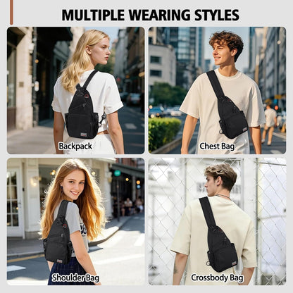 Convertible Sling Bag for Women Men, Lightweight Crossbody Backpack Daypack Chest Bag Fit 10.9" Tablet for Travel, Sport, Hiking & Commute, Black, 8.27in×3.94in×13.39in