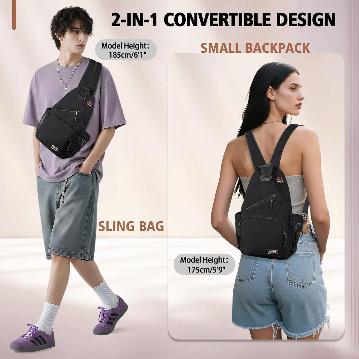 Convertible Sling Bag for Women Men, Lightweight Crossbody Backpack Daypack Chest Bag Fit 10.9" Tablet for Travel, Sport, Hiking & Commute, Black, 8.27in×3.94in×13.39in