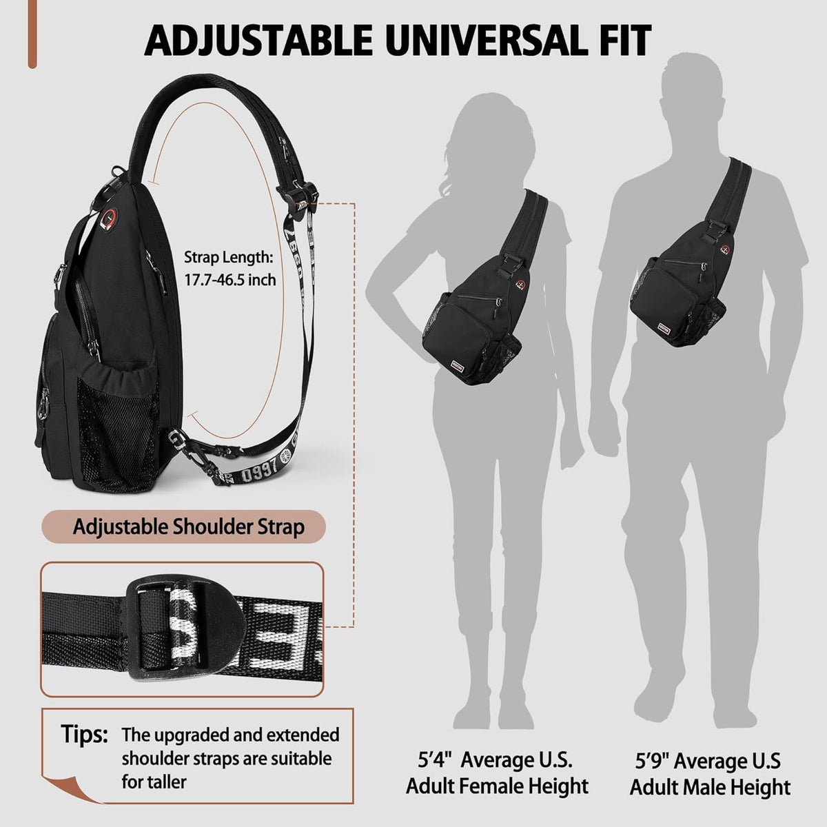 Convertible Sling Bag for Women Men, Lightweight Crossbody Backpack Daypack Chest Bag Fit 10.9" Tablet for Travel, Sport, Hiking & Commute, Black, 8.27in×3.94in×13.39in