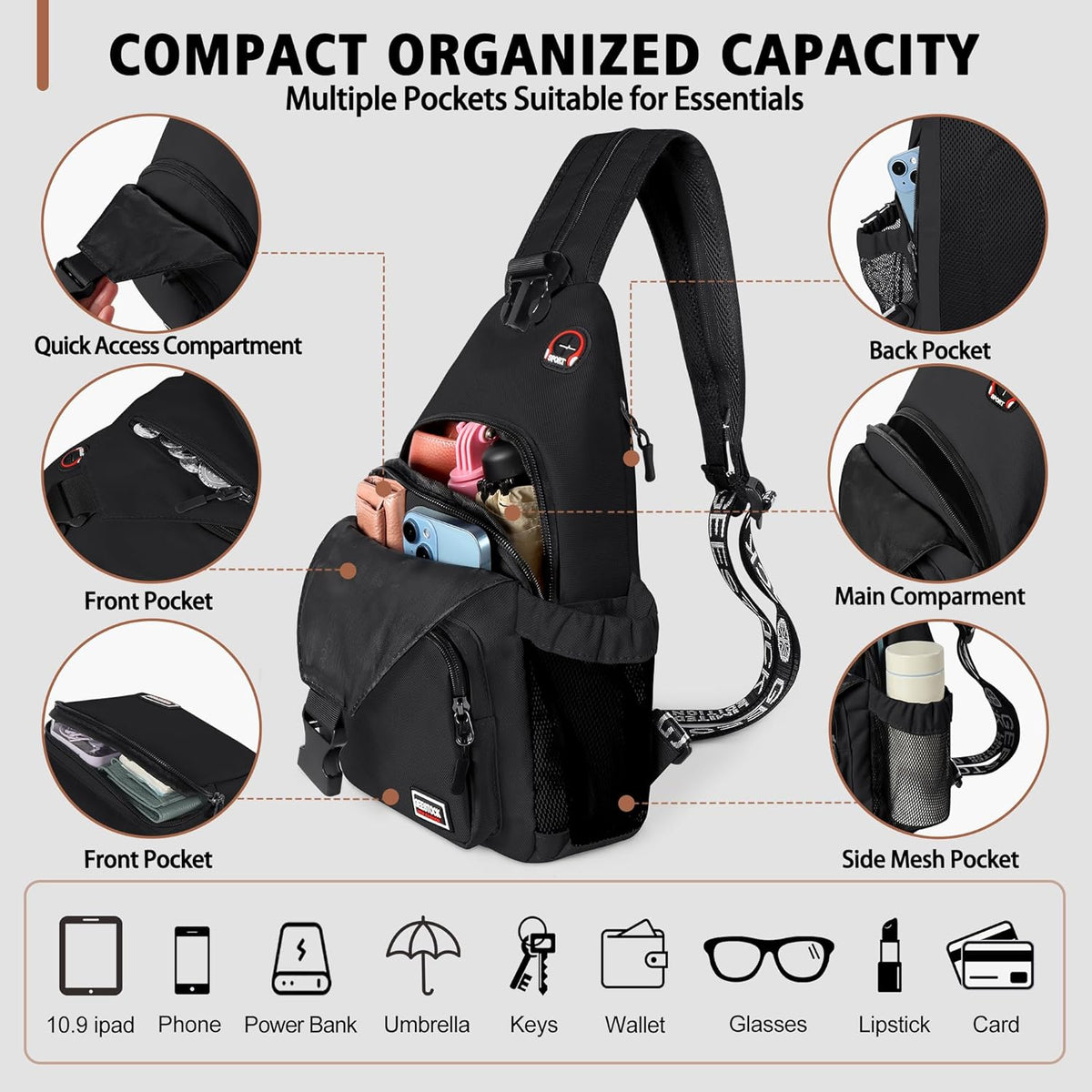 Convertible Sling Bag for Women Men, Lightweight Crossbody Backpack Daypack Chest Bag Fit 10.9" Tablet for Travel, Sport, Hiking & Commute, Black, 8.27in×3.94in×13.39in