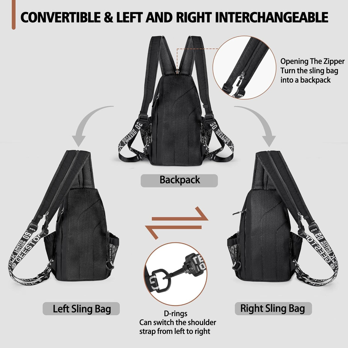 Convertible Sling Bag for Women Men, Lightweight Crossbody Backpack Daypack Chest Bag Fit 10.9" Tablet for Travel, Sport, Hiking & Commute, Black, 8.27in×3.94in×13.39in