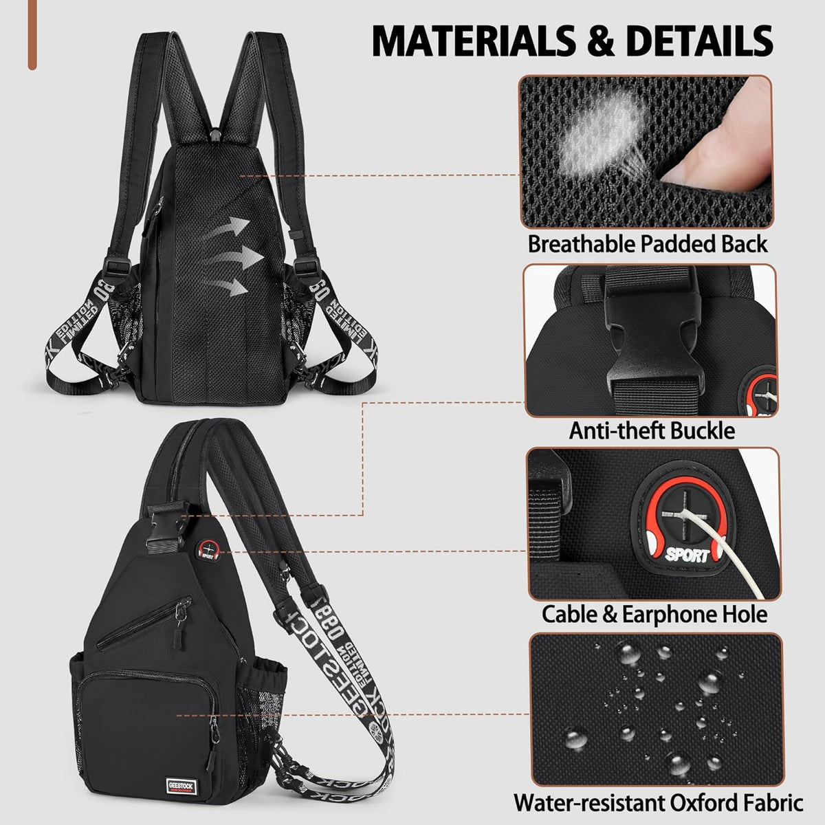 Convertible Sling Bag for Women Men, Lightweight Crossbody Backpack Daypack Chest Bag Fit 10.9" Tablet for Travel, Sport, Hiking & Commute, Black, 8.27in×3.94in×13.39in