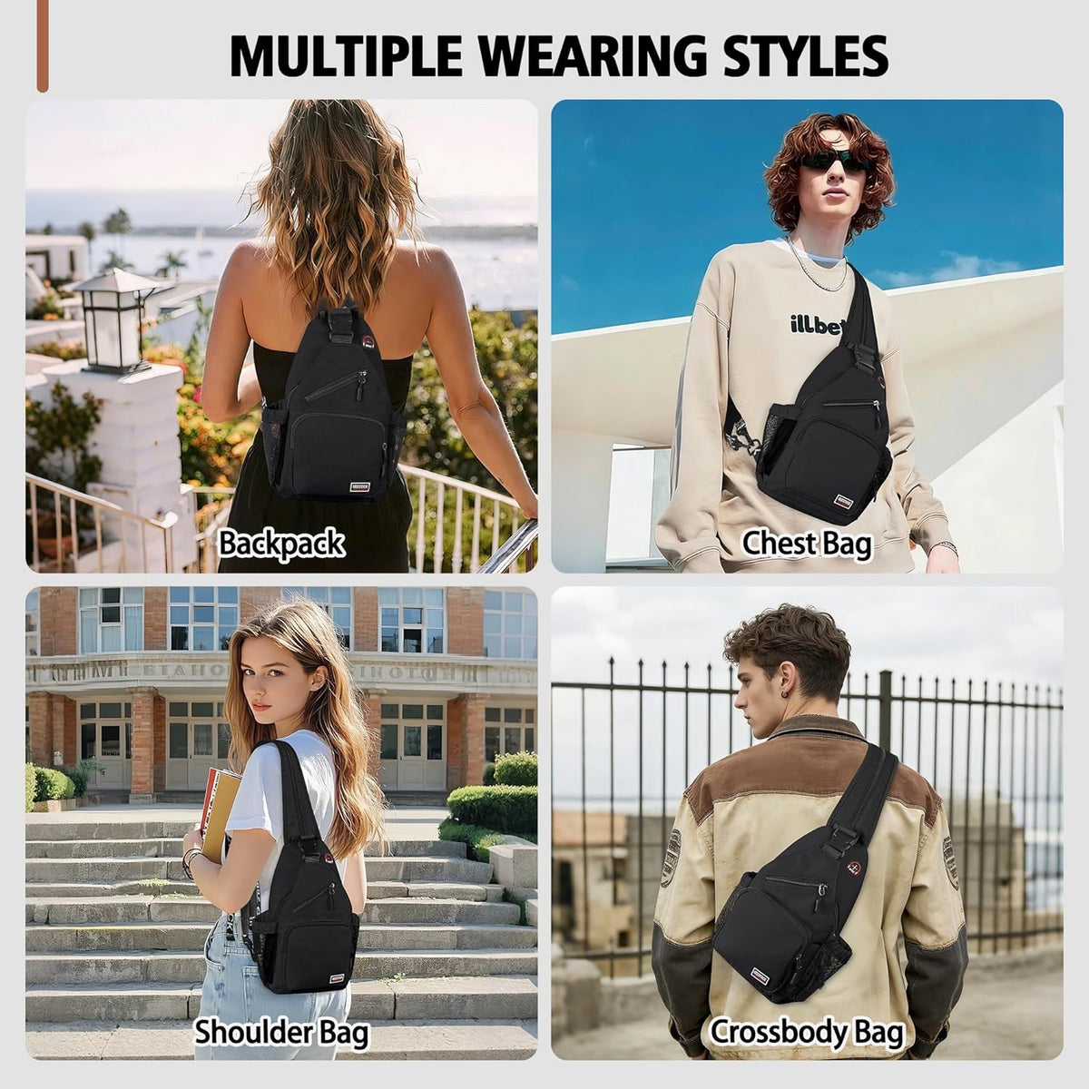 Convertible Sling Bag for Women Men, Lightweight Crossbody Backpack Daypack Chest Bag Fit 10.9" Tablet for Travel, Sport, Hiking & Commute, Black, 8.27in×3.94in×13.39in