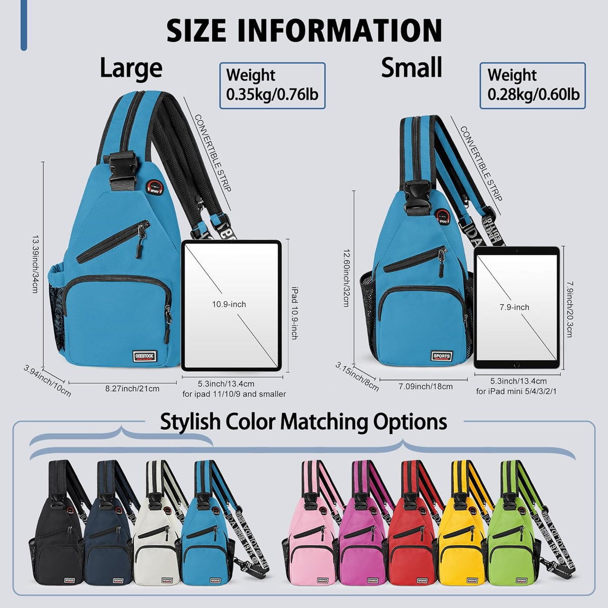 Convertible Sling Bag for Women Men, Lightweight Crossbody Backpack Daypack Chest Bag Fit 10.9" Tablet for Travel, Sport, Hiking & Commute, Black, 8.27in×3.94in×13.39in