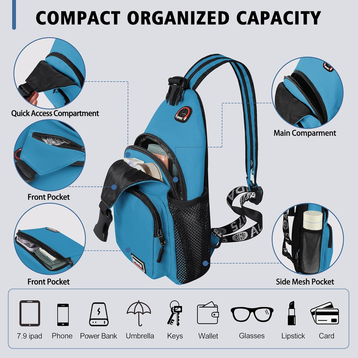 Convertible Sling Bag for Women Men, Lightweight Crossbody Backpack Daypack Chest Bag Fit 10.9" Tablet for Travel, Sport, Hiking & Commute, Black, 8.27in×3.94in×13.39in