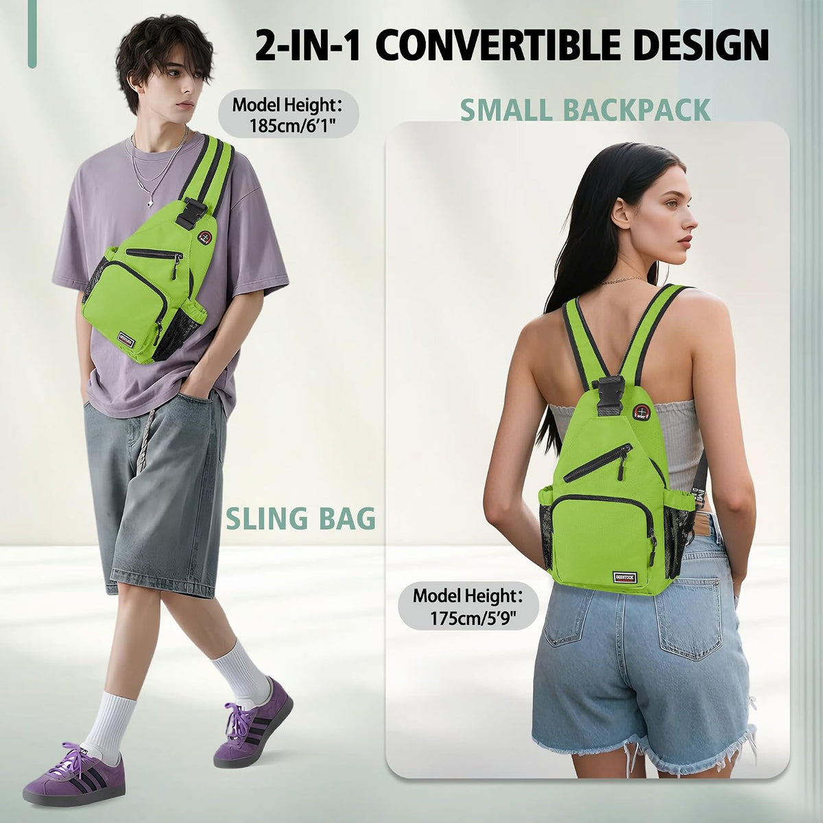 Convertible Sling Bag for Women Men, Lightweight Crossbody Backpack Daypack Chest Bag Fit 10.9" Tablet for Travel, Sport, Hiking & Commute, Black, 8.27in×3.94in×13.39in