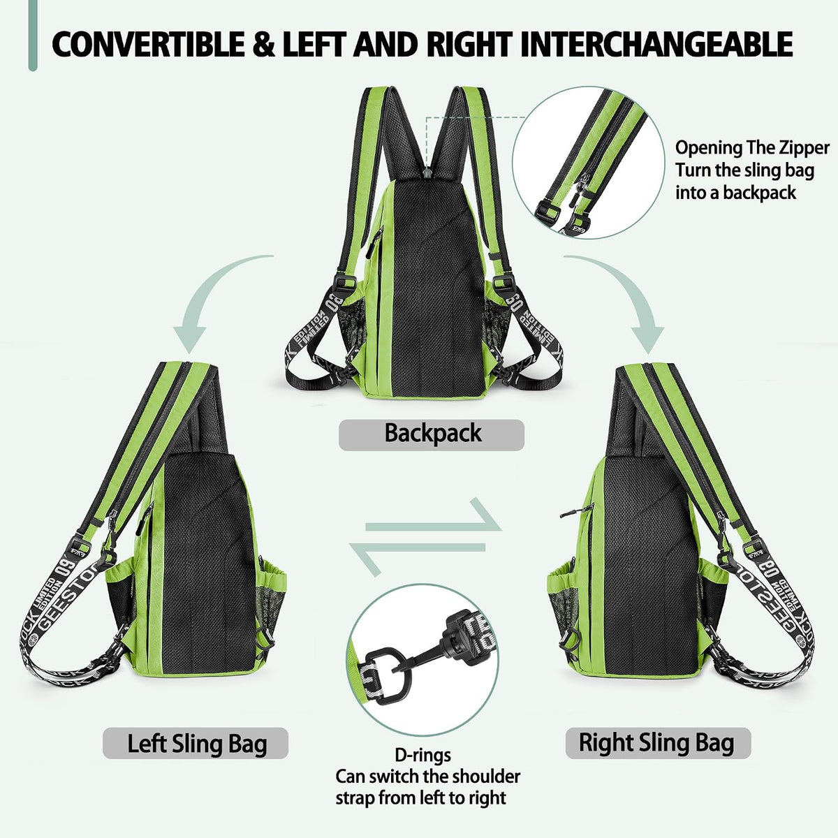 Convertible Sling Bag for Women Men, Lightweight Crossbody Backpack Daypack Chest Bag Fit 10.9" Tablet for Travel, Sport, Hiking & Commute, Black, 8.27in×3.94in×13.39in