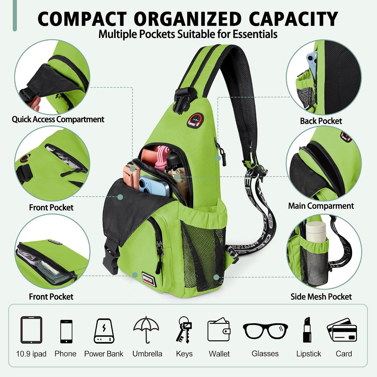 Convertible Sling Bag for Women Men, Lightweight Crossbody Backpack Daypack Chest Bag Fit 10.9" Tablet for Travel, Sport, Hiking & Commute, Black, 8.27in×3.94in×13.39in