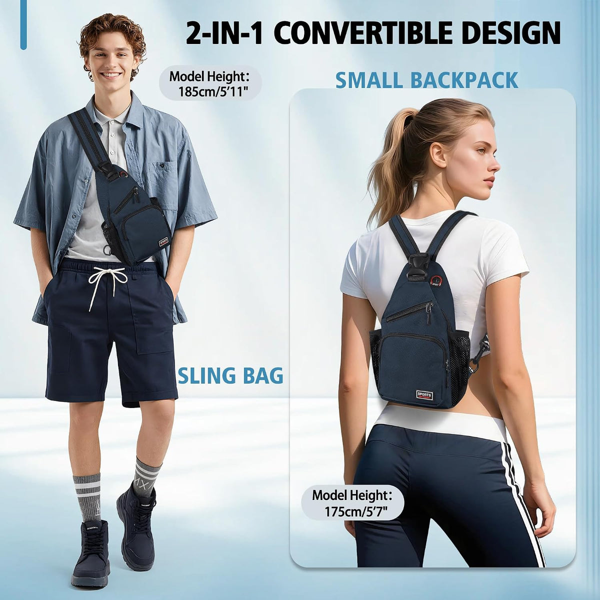 Convertible Sling Bag for Women Men, Lightweight Crossbody Backpack Daypack Chest Bag Fit 10.9" Tablet for Travel, Sport, Hiking & Commute, Black, 8.27in×3.94in×13.39in