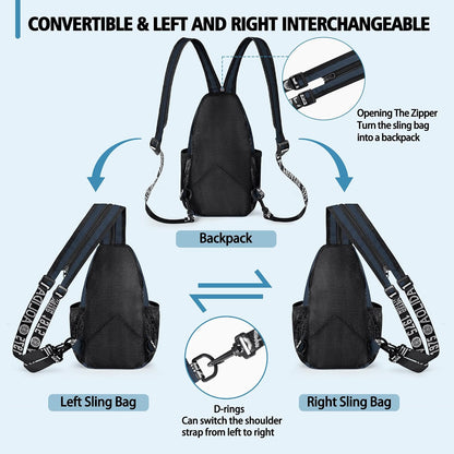 Convertible Sling Bag for Women Men, Lightweight Crossbody Backpack Daypack Chest Bag Fit 10.9" Tablet for Travel, Sport, Hiking & Commute, Black, 8.27in×3.94in×13.39in