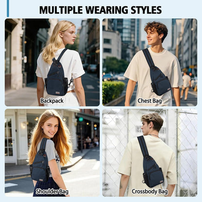 Convertible Sling Bag for Women Men, Lightweight Crossbody Backpack Daypack Chest Bag Fit 10.9" Tablet for Travel, Sport, Hiking & Commute, Black, 8.27in×3.94in×13.39in