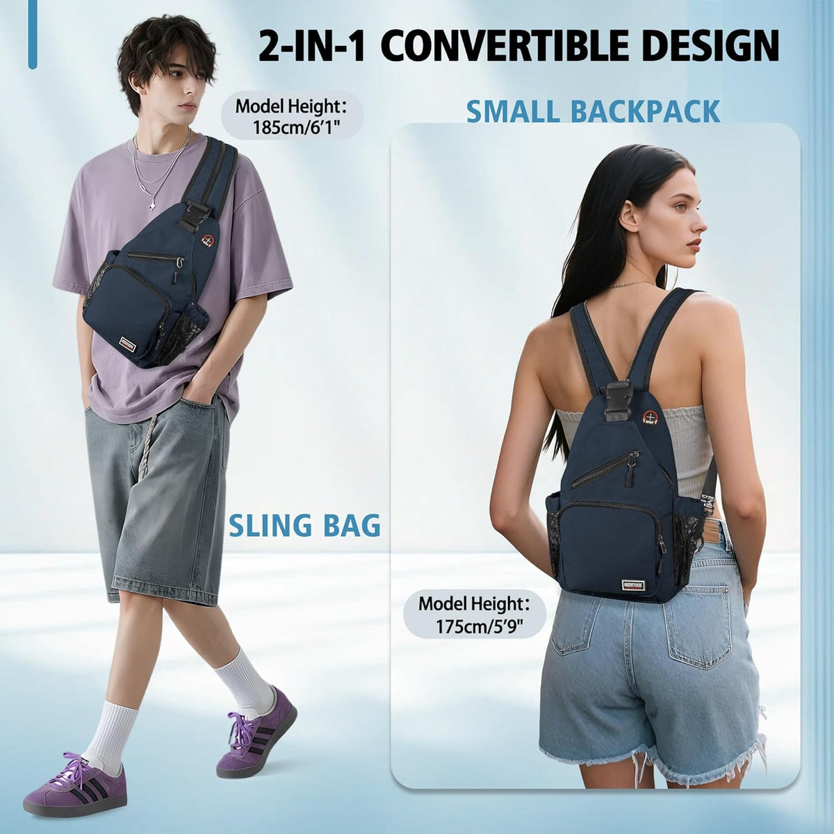 Convertible Sling Bag for Women Men, Lightweight Crossbody Backpack Daypack Chest Bag Fit 10.9" Tablet for Travel, Sport, Hiking & Commute, Black, 8.27in×3.94in×13.39in