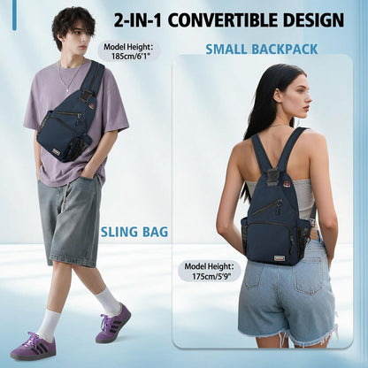 Convertible Sling Bag for Women Men, Lightweight Crossbody Backpack Daypack Chest Bag Fit 10.9" Tablet for Travel, Sport, Hiking & Commute, Black, 8.27in×3.94in×13.39in