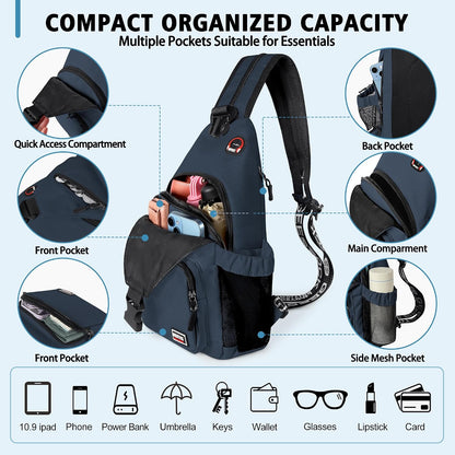 Convertible Sling Bag for Women Men, Lightweight Crossbody Backpack Daypack Chest Bag Fit 10.9" Tablet for Travel, Sport, Hiking & Commute, Black, 8.27in×3.94in×13.39in