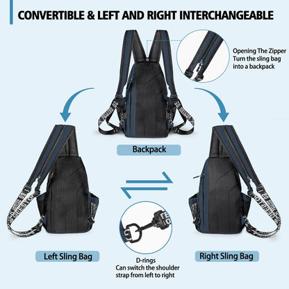 Convertible Sling Bag for Women Men, Lightweight Crossbody Backpack Daypack Chest Bag Fit 10.9" Tablet for Travel, Sport, Hiking & Commute, Black, 8.27in×3.94in×13.39in