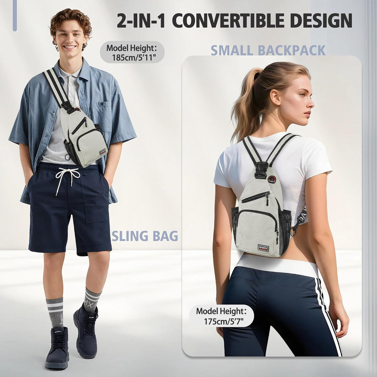 Convertible Sling Bag for Women Men, Lightweight Crossbody Backpack Daypack Chest Bag Fit 10.9" Tablet for Travel, Sport, Hiking & Commute, Black, 8.27in×3.94in×13.39in