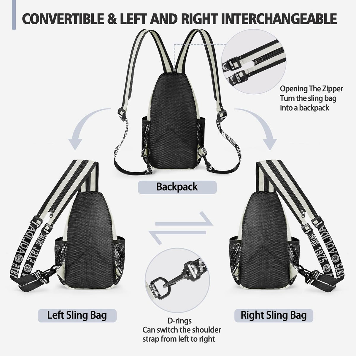 Convertible Sling Bag for Women Men, Lightweight Crossbody Backpack Daypack Chest Bag Fit 10.9" Tablet for Travel, Sport, Hiking & Commute, Black, 8.27in×3.94in×13.39in