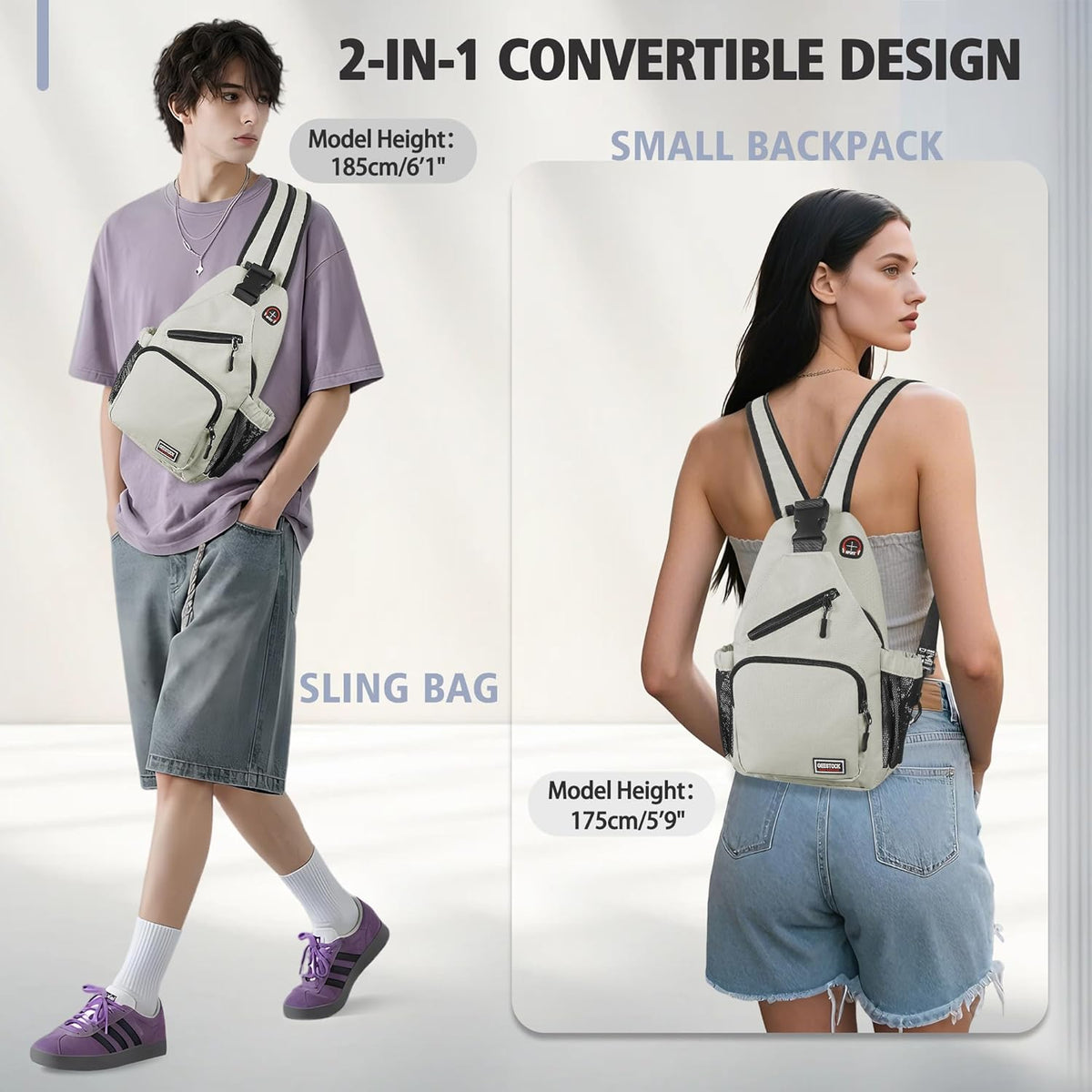 Convertible Sling Bag for Women Men, Lightweight Crossbody Backpack Daypack Chest Bag Fit 10.9" Tablet for Travel, Sport, Hiking & Commute, Black, 8.27in×3.94in×13.39in