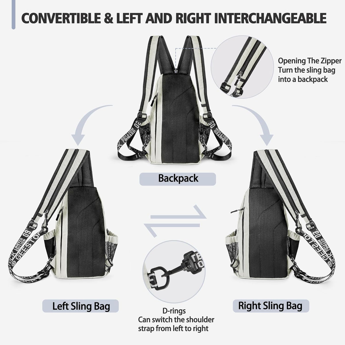 Convertible Sling Bag for Women Men, Lightweight Crossbody Backpack Daypack Chest Bag Fit 10.9" Tablet for Travel, Sport, Hiking & Commute, Black, 8.27in×3.94in×13.39in