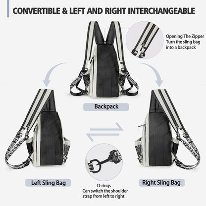 Convertible Sling Bag for Women Men, Lightweight Crossbody Backpack Daypack Chest Bag Fit 10.9" Tablet for Travel, Sport, Hiking & Commute, Black, 8.27in×3.94in×13.39in