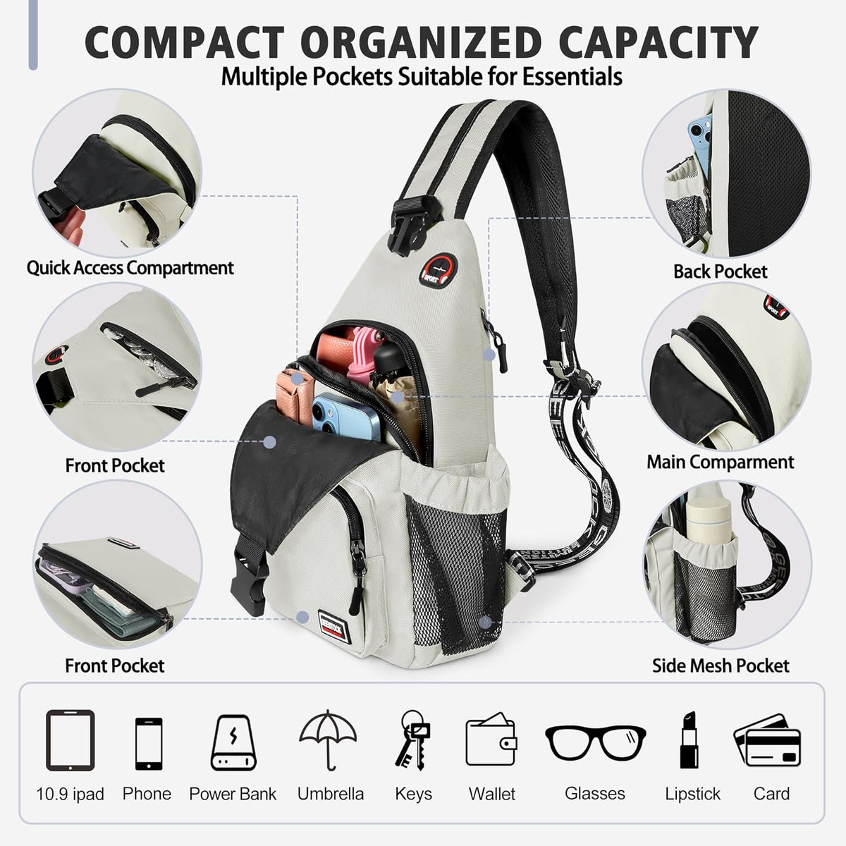 Convertible Sling Bag for Women Men, Lightweight Crossbody Backpack Daypack Chest Bag Fit 10.9" Tablet for Travel, Sport, Hiking & Commute, Black, 8.27in×3.94in×13.39in
