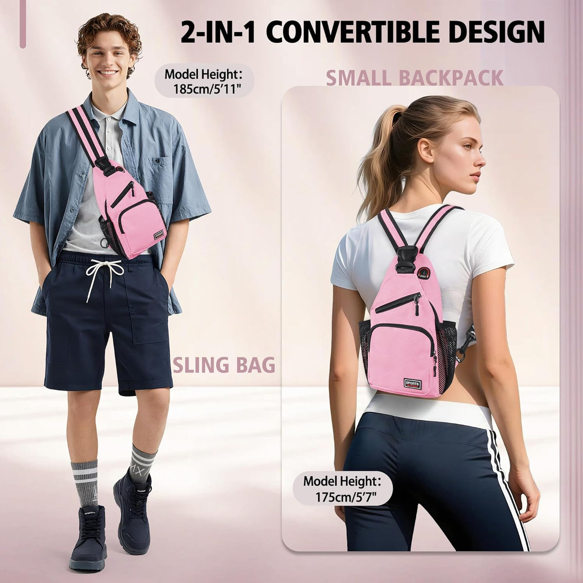 Convertible Sling Bag for Women Men, Lightweight Crossbody Backpack Daypack Chest Bag Fit 10.9" Tablet for Travel, Sport, Hiking & Commute, Black, 8.27in×3.94in×13.39in
