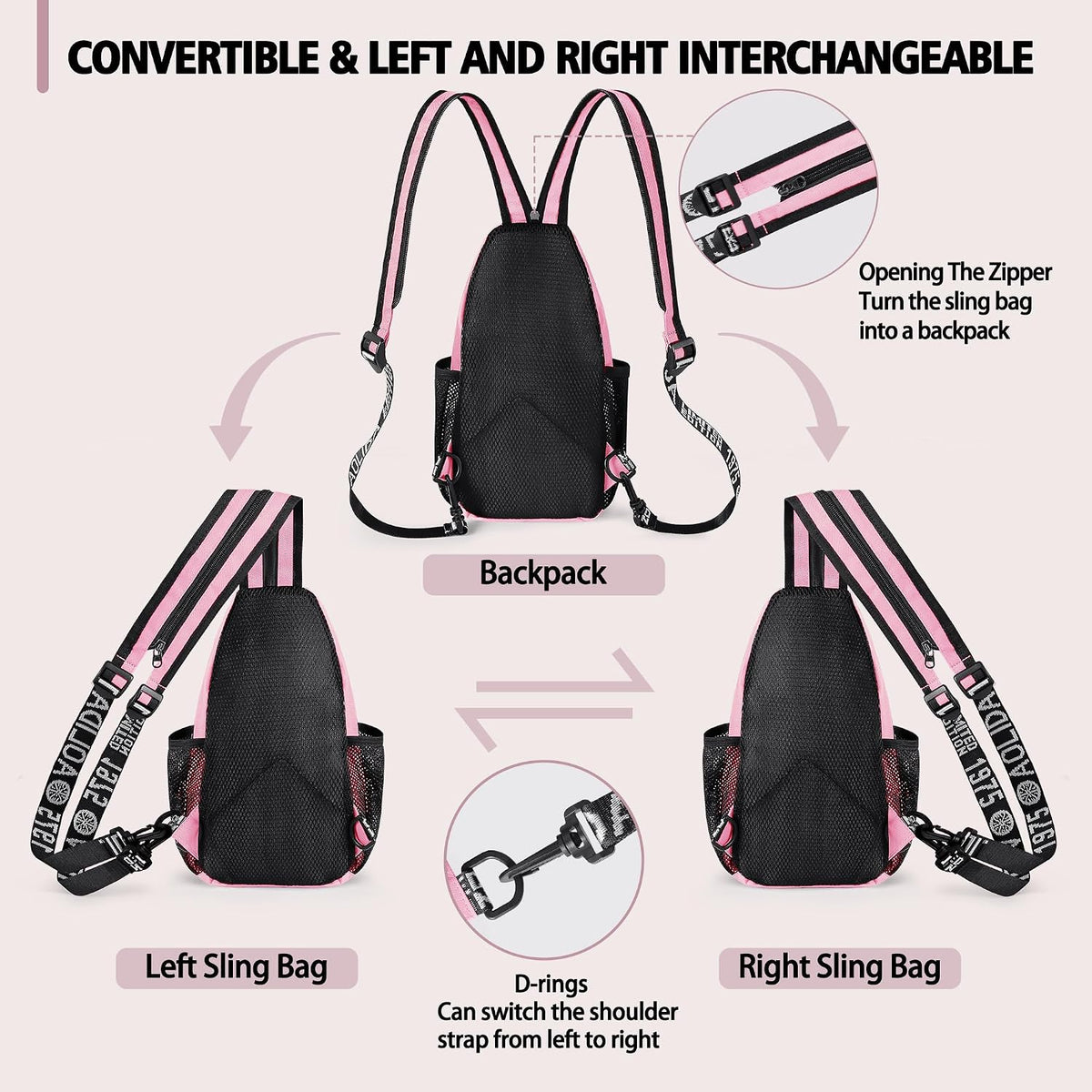 Convertible Sling Bag for Women Men, Lightweight Crossbody Backpack Daypack Chest Bag Fit 10.9" Tablet for Travel, Sport, Hiking & Commute, Black, 8.27in×3.94in×13.39in