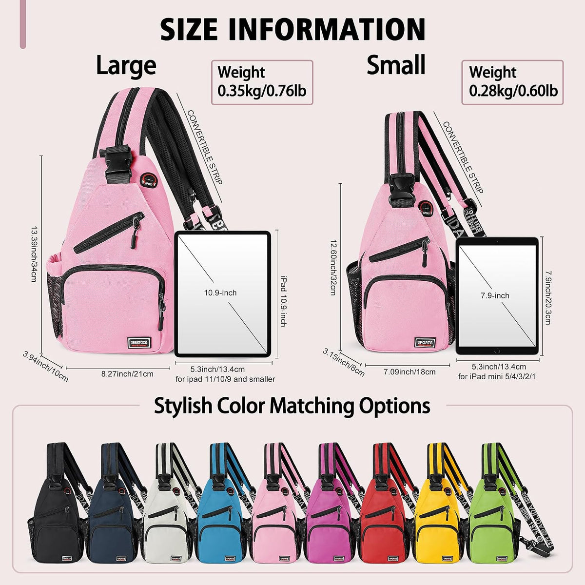 Convertible Sling Bag for Women Men, Lightweight Crossbody Backpack Daypack Chest Bag Fit 10.9" Tablet for Travel, Sport, Hiking & Commute, Black, 8.27in×3.94in×13.39in