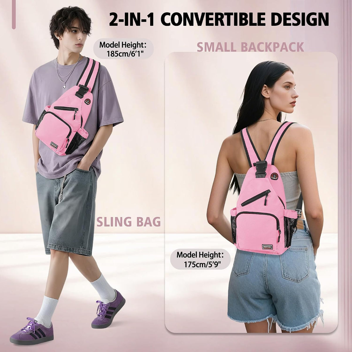 Convertible Sling Bag for Women Men, Lightweight Crossbody Backpack Daypack Chest Bag Fit 10.9" Tablet for Travel, Sport, Hiking & Commute, Black, 8.27in×3.94in×13.39in