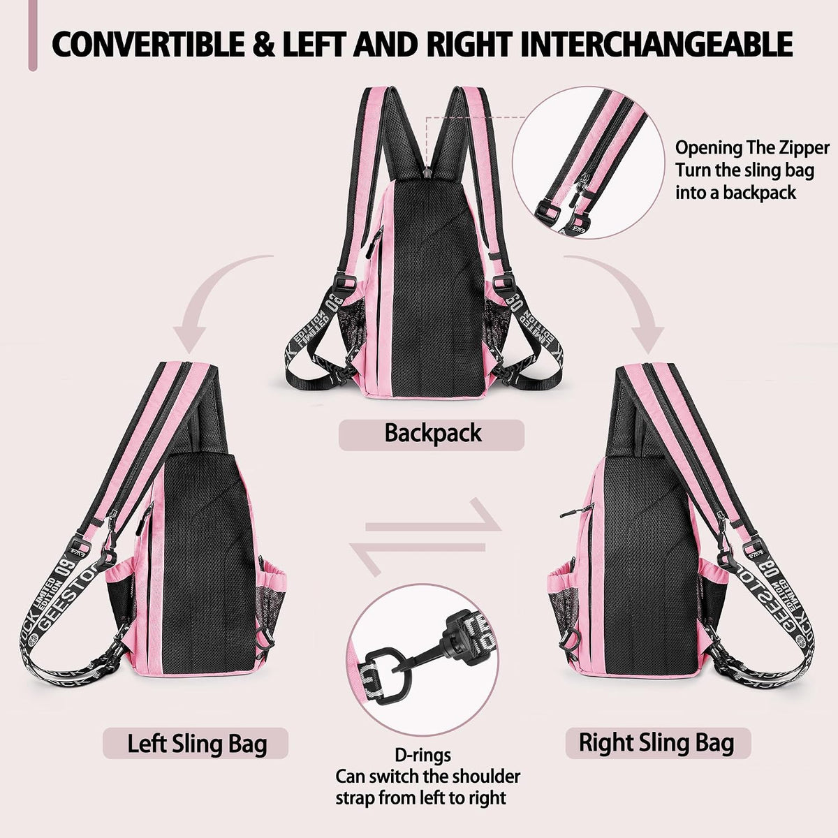 Convertible Sling Bag for Women Men, Lightweight Crossbody Backpack Daypack Chest Bag Fit 10.9" Tablet for Travel, Sport, Hiking & Commute, Black, 8.27in×3.94in×13.39in