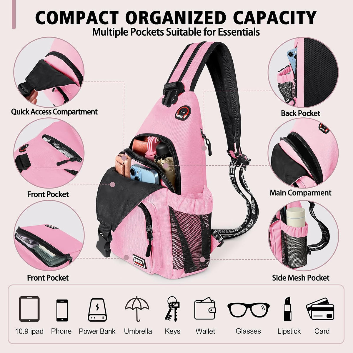 Convertible Sling Bag for Women Men, Lightweight Crossbody Backpack Daypack Chest Bag Fit 10.9" Tablet for Travel, Sport, Hiking & Commute, Black, 8.27in×3.94in×13.39in