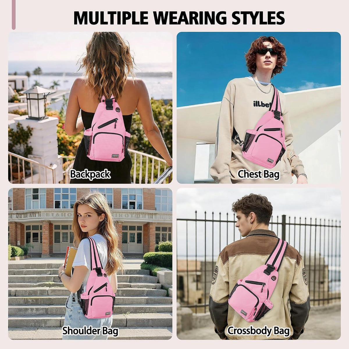 Convertible Sling Bag for Women Men, Lightweight Crossbody Backpack Daypack Chest Bag Fit 10.9" Tablet for Travel, Sport, Hiking & Commute, Black, 8.27in×3.94in×13.39in