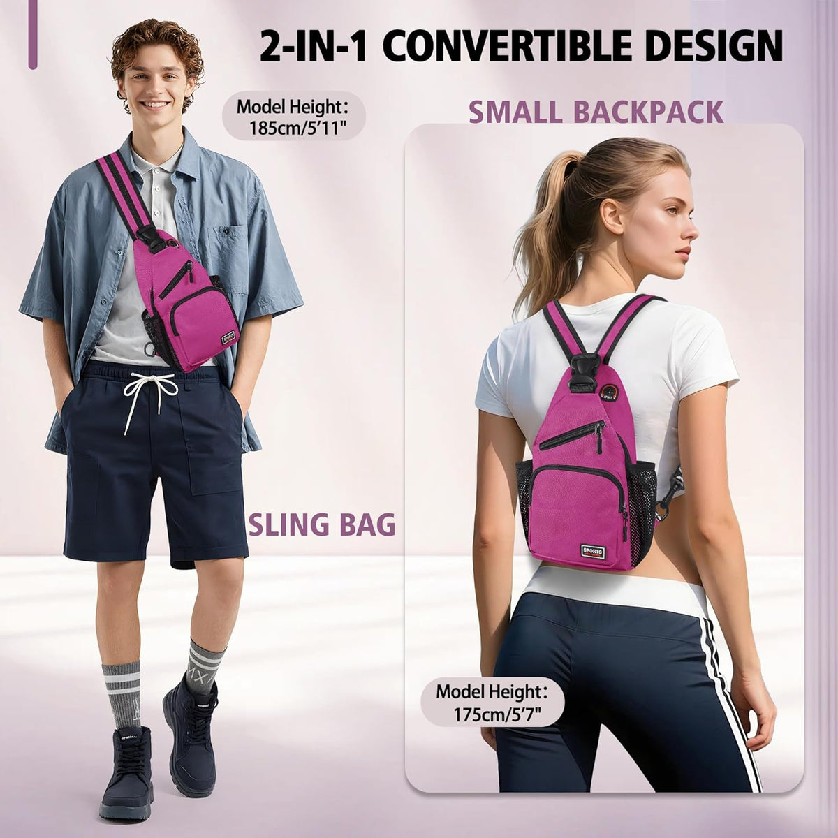 Convertible Sling Bag for Women Men, Lightweight Crossbody Backpack Daypack Chest Bag Fit 10.9" Tablet for Travel, Sport, Hiking & Commute, Black, 8.27in×3.94in×13.39in