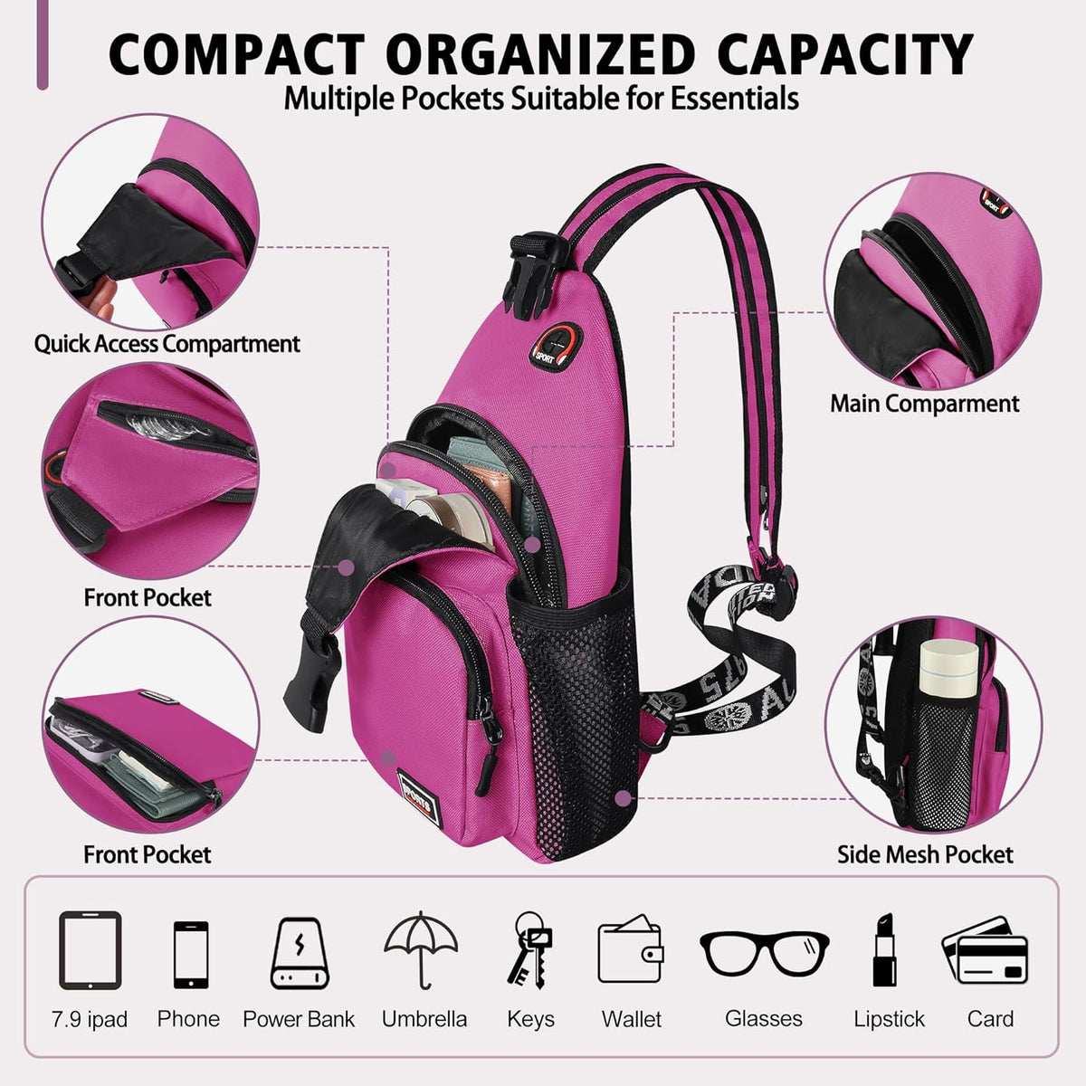 Convertible Sling Bag for Women Men, Lightweight Crossbody Backpack Daypack Chest Bag Fit 10.9" Tablet for Travel, Sport, Hiking & Commute, Black, 8.27in×3.94in×13.39in