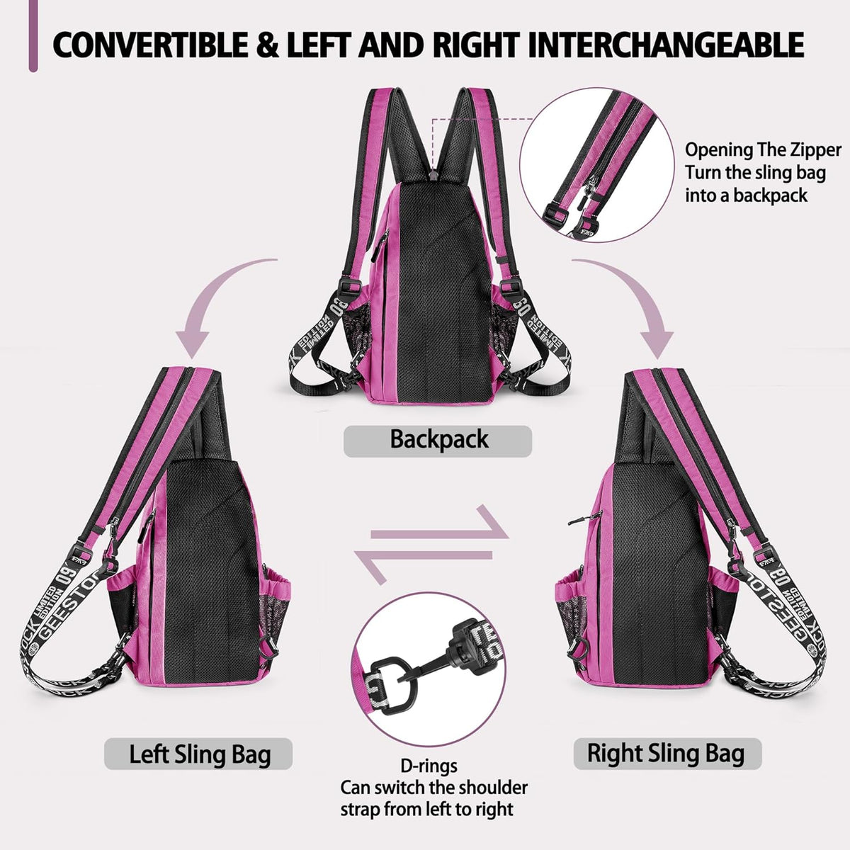 Convertible Sling Bag for Women Men, Lightweight Crossbody Backpack Daypack Chest Bag Fit 10.9" Tablet for Travel, Sport, Hiking & Commute, Black, 8.27in×3.94in×13.39in