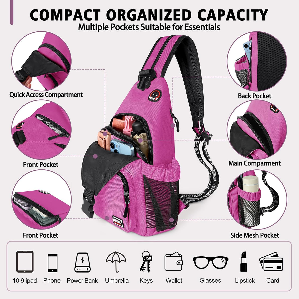 Convertible Sling Bag for Women Men, Lightweight Crossbody Backpack Daypack Chest Bag Fit 10.9" Tablet for Travel, Sport, Hiking & Commute, Black, 8.27in×3.94in×13.39in