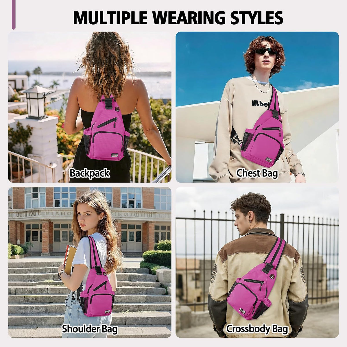 Convertible Sling Bag for Women Men, Lightweight Crossbody Backpack Daypack Chest Bag Fit 10.9" Tablet for Travel, Sport, Hiking & Commute, Black, 8.27in×3.94in×13.39in