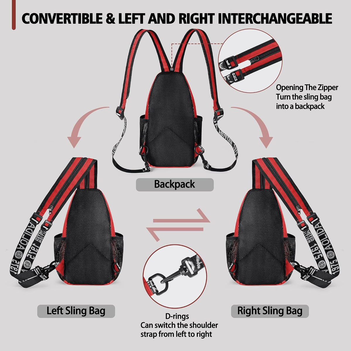 Convertible Sling Bag for Women Men, Lightweight Crossbody Backpack Daypack Chest Bag Fit 10.9" Tablet for Travel, Sport, Hiking & Commute, Black, 8.27in×3.94in×13.39in