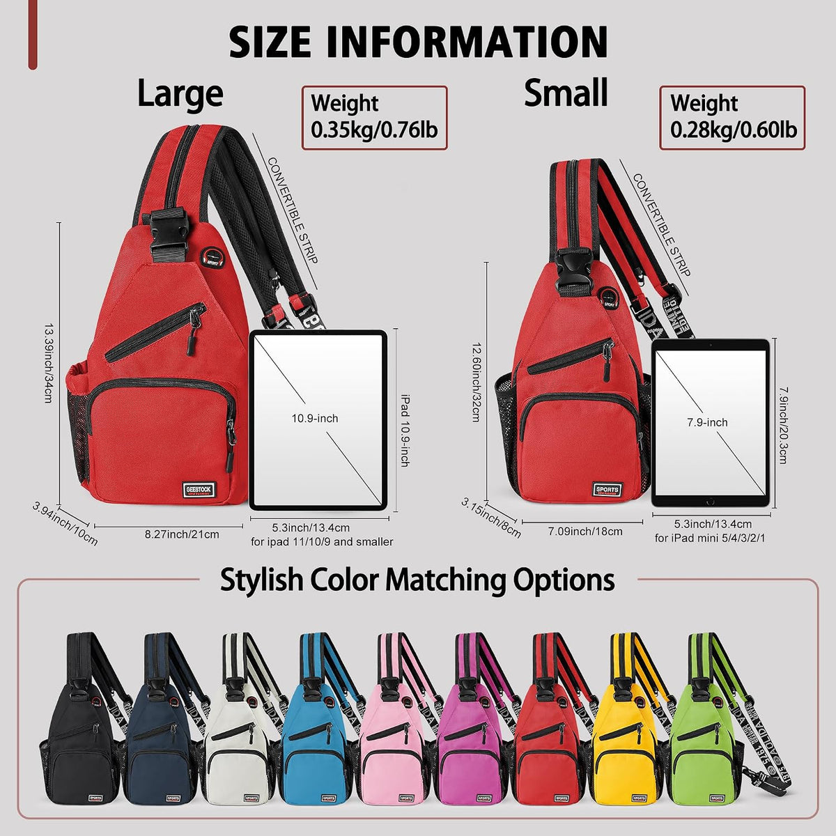 Convertible Sling Bag for Women Men, Lightweight Crossbody Backpack Daypack Chest Bag Fit 10.9" Tablet for Travel, Sport, Hiking & Commute, Black, 8.27in×3.94in×13.39in