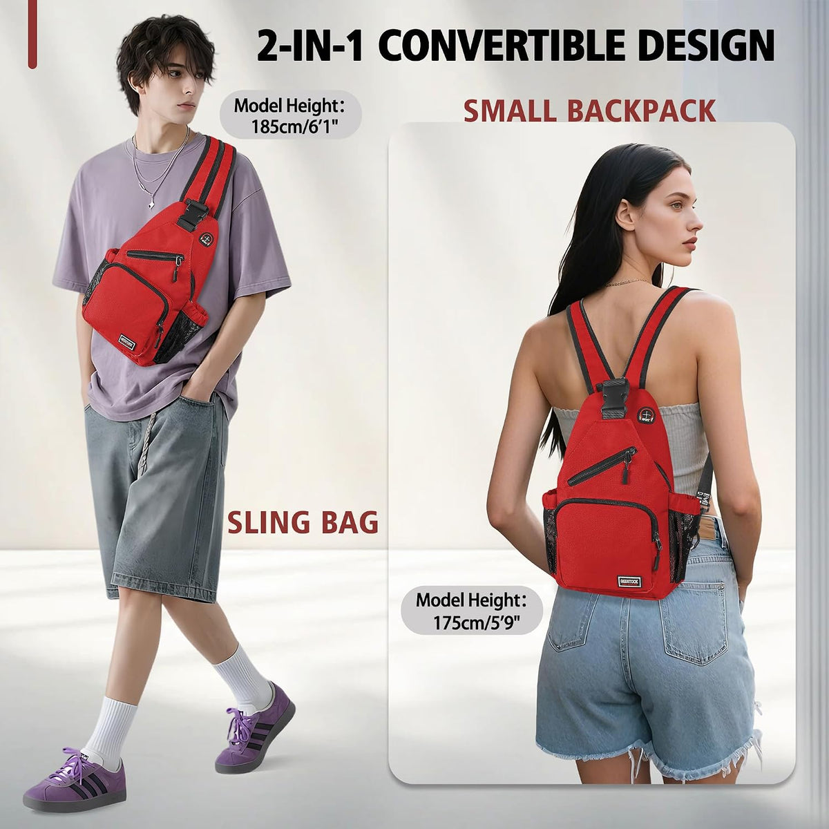 Convertible Sling Bag for Women Men, Lightweight Crossbody Backpack Daypack Chest Bag Fit 10.9" Tablet for Travel, Sport, Hiking & Commute, Black, 8.27in×3.94in×13.39in