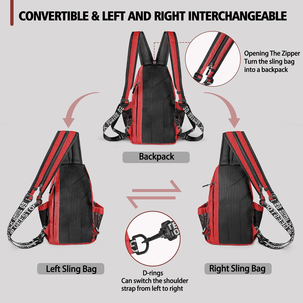 Convertible Sling Bag for Women Men, Lightweight Crossbody Backpack Daypack Chest Bag Fit 10.9" Tablet for Travel, Sport, Hiking & Commute, Black, 8.27in×3.94in×13.39in