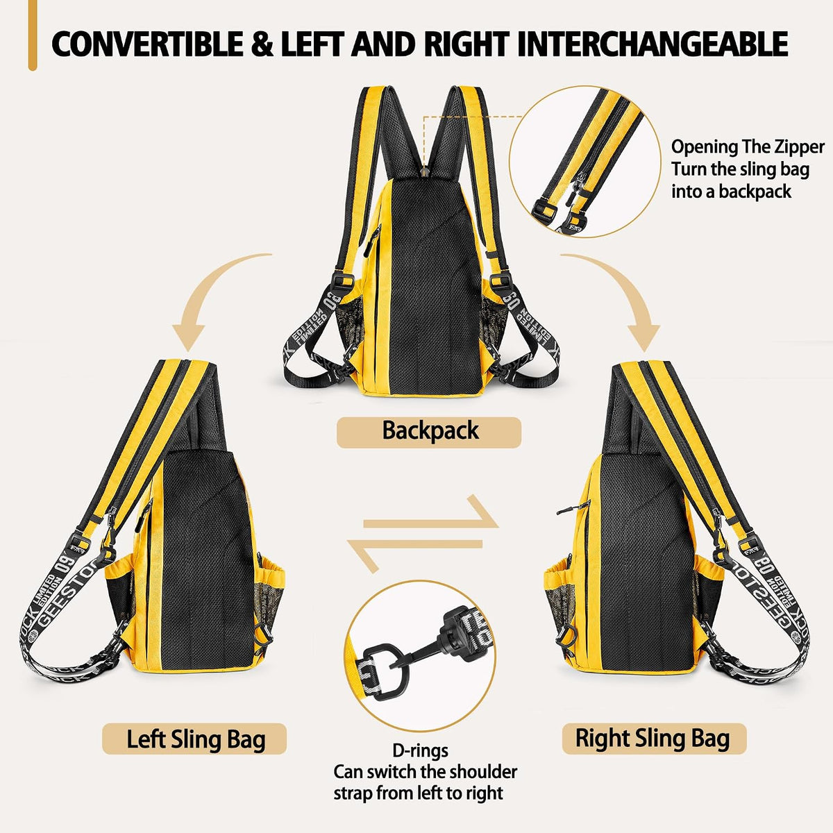 Convertible Sling Bag for Women Men, Lightweight Crossbody Backpack Daypack Chest Bag Fit 10.9" Tablet for Travel, Sport, Hiking & Commute, Black, 8.27in×3.94in×13.39in