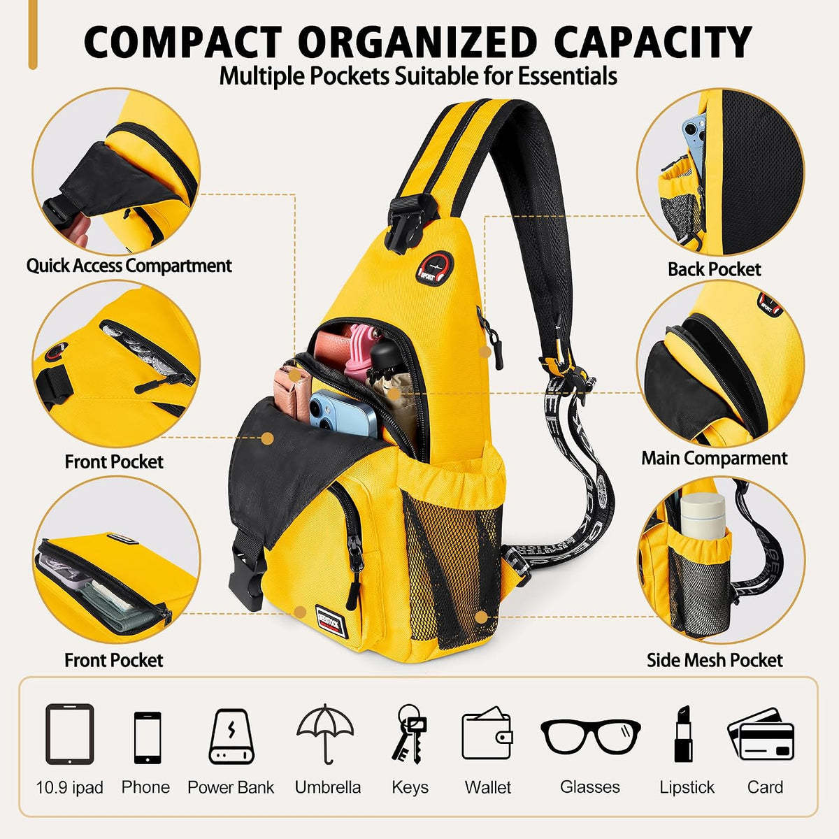 Convertible Sling Bag for Women Men, Lightweight Crossbody Backpack Daypack Chest Bag Fit 10.9" Tablet for Travel, Sport, Hiking & Commute, Black, 8.27in×3.94in×13.39in
