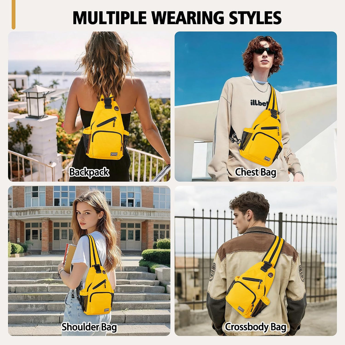 Convertible Sling Bag for Women Men, Lightweight Crossbody Backpack Daypack Chest Bag Fit 10.9" Tablet for Travel, Sport, Hiking & Commute, Black, 8.27in×3.94in×13.39in