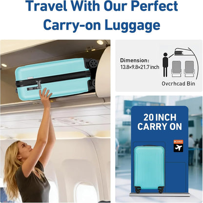 Carry on luggage 22x14x9 Airline Approved Suitcase Hardshell With Double Spinner Wheels, PC+ABS TSA Lock Travel Luggage (Mint Green, 20" Carry On)
