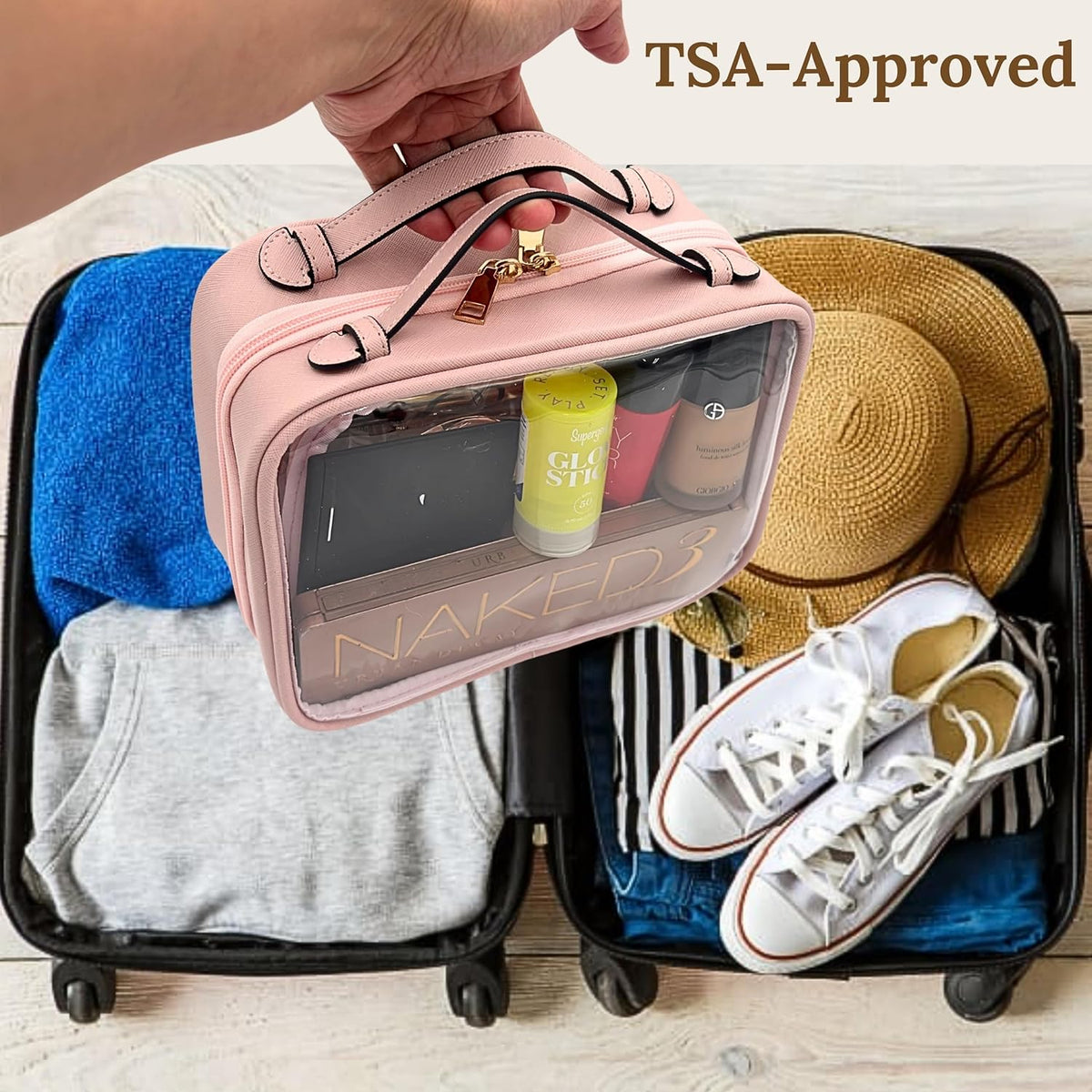 Clear Makeup Bag Toiletry Bag for Women Cosmetic Case Large Capacity Travel Make Up Bag Organizer Transparent Storage Compartment TSA Approved