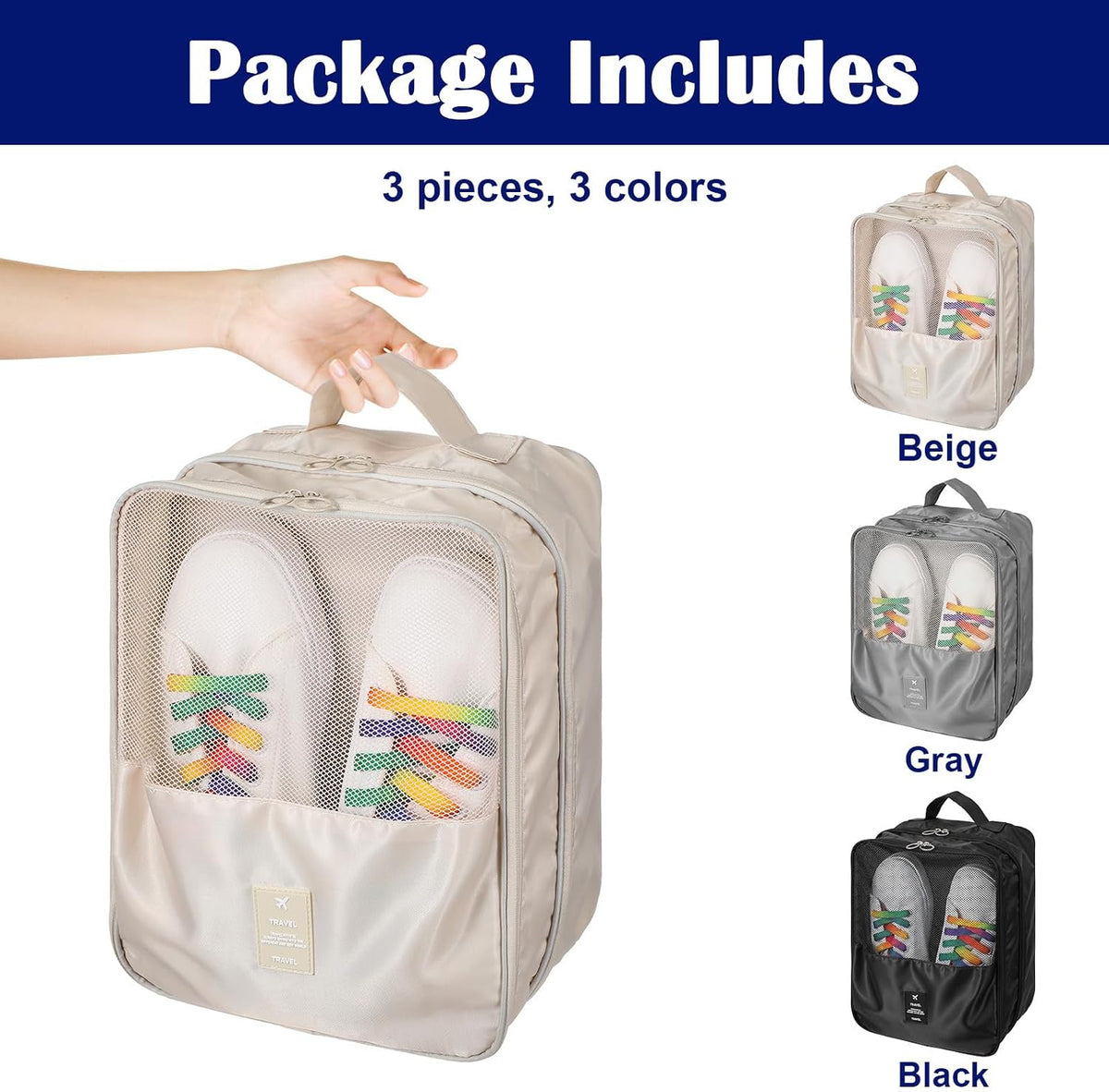 3-Pack Travel Shoe Bags for Packing in Suitcase - Shoe Travel Bag Organizer with Handle, Multi-Layer Compartments Holds 3 Pairs of Shoes, Portable Storage for Men & Women (Beige/Gray/Black)