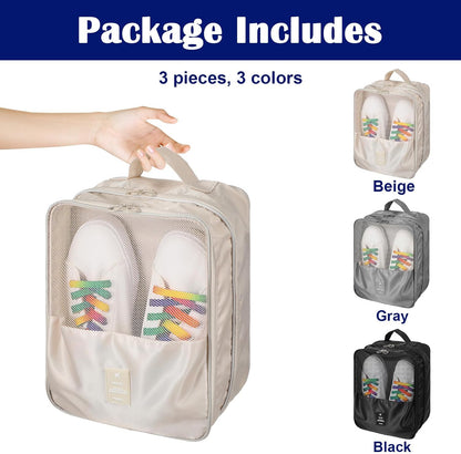 3-Pack Travel Shoe Bags for Packing in Suitcase - Shoe Travel Bag Organizer with Handle, Multi-Layer Compartments Holds 3 Pairs of Shoes, Portable Storage for Men & Women (Beige/Gray/Black)