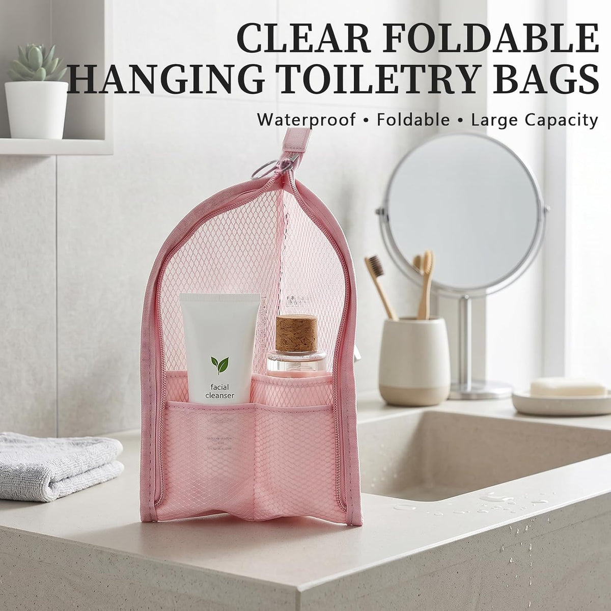 2PCS ﻿EVA Hanging Travel Toiletry Bag, Leakproof Foldable Upright Cosmetic Organizer Portable Makeup Pouch for Bathroom Business Trip Vacation (Pink+White)